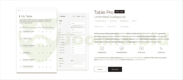 Table 9 element for YOOtheme Pro